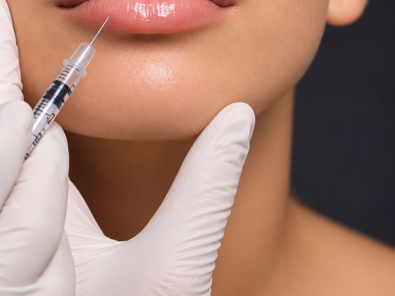 A practitioner performing a lip filler dissolving treatment
